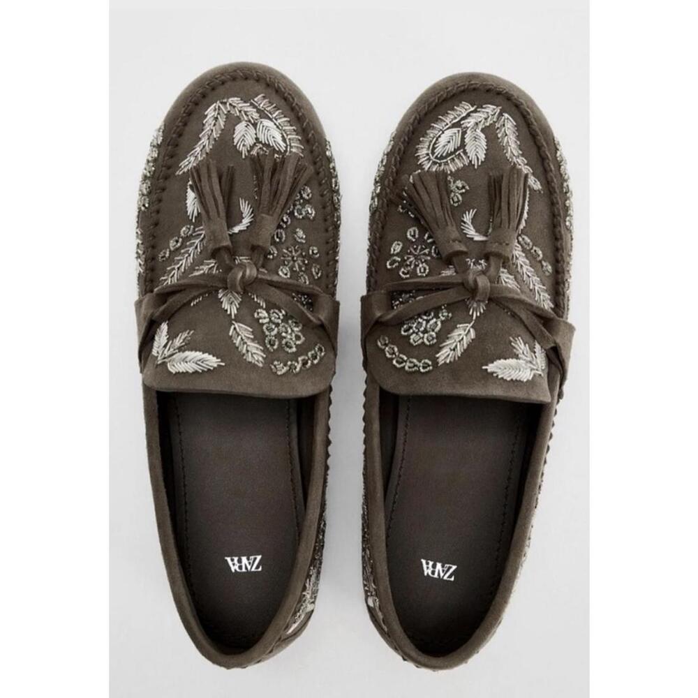 Zara Embroidered Loafers Olive Green 37 - Picture 3 of 7